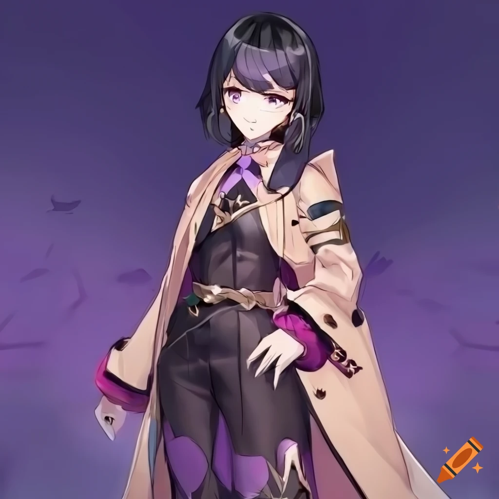Cheery anime girl with black hair and a trench coat in Genshin Impact