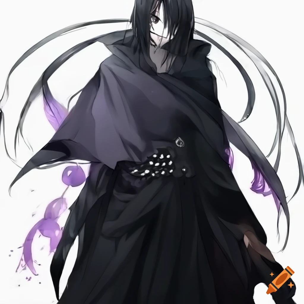 Character with black tattered cloak and white hair in anime style with purple eyes