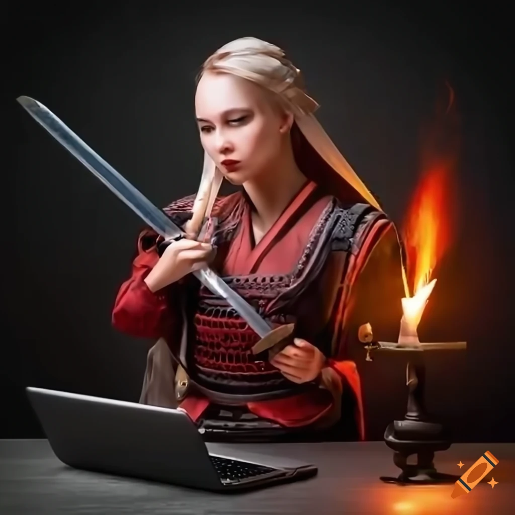 Working Samurai Elegant blonde woman dressed as a samurai working with a laptop and ...