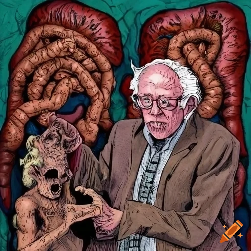 Surreal depiction of a surrounded Bernie Sanders in a vibrant wasteland with grotesque creatures