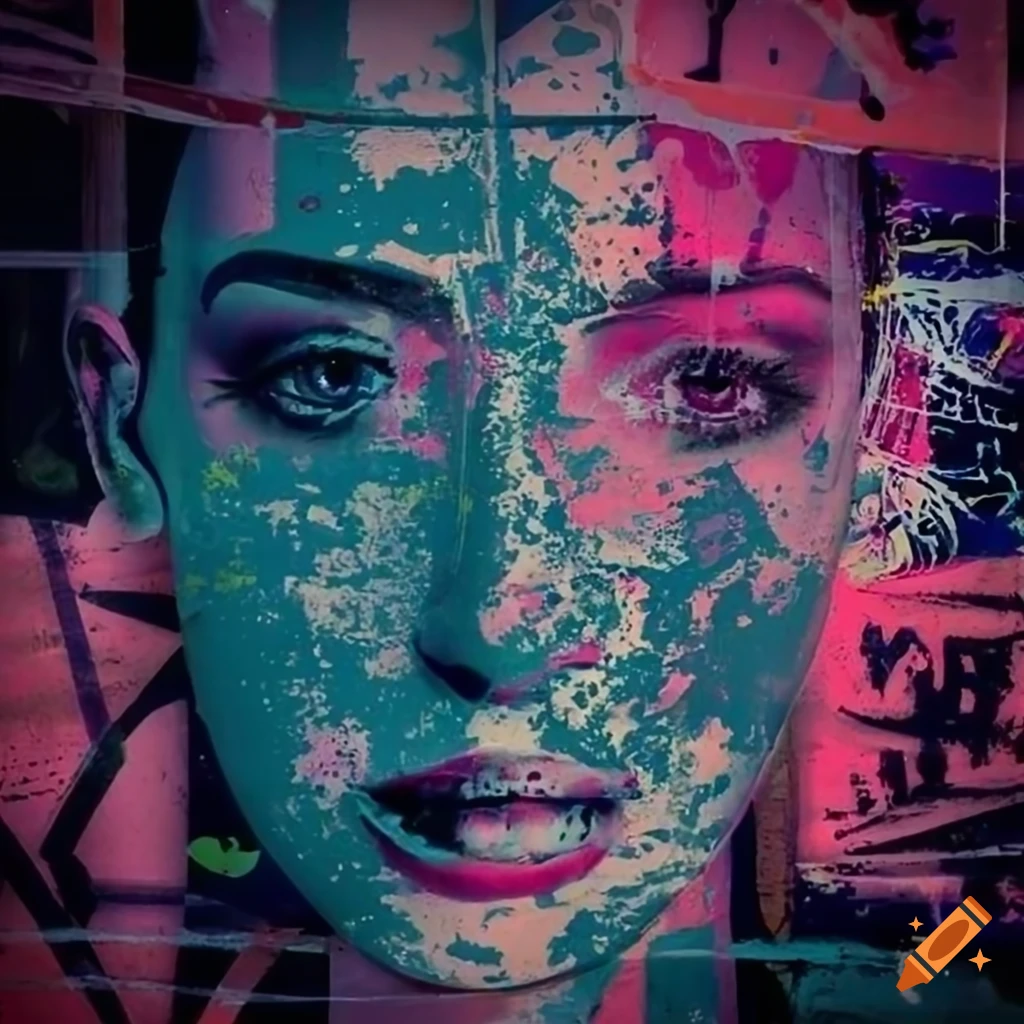 Closeup of graffiti and grunge wall with unique posters and vogue