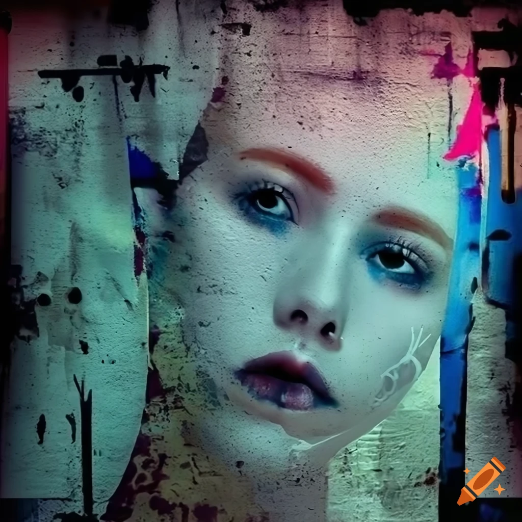 Graffiti and grunge wall with unique posters and vogue models on Craiyon