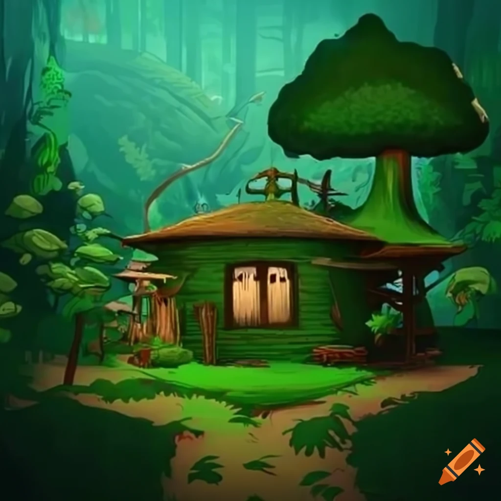 Outlined treehouse in a green and lush cartoony environment