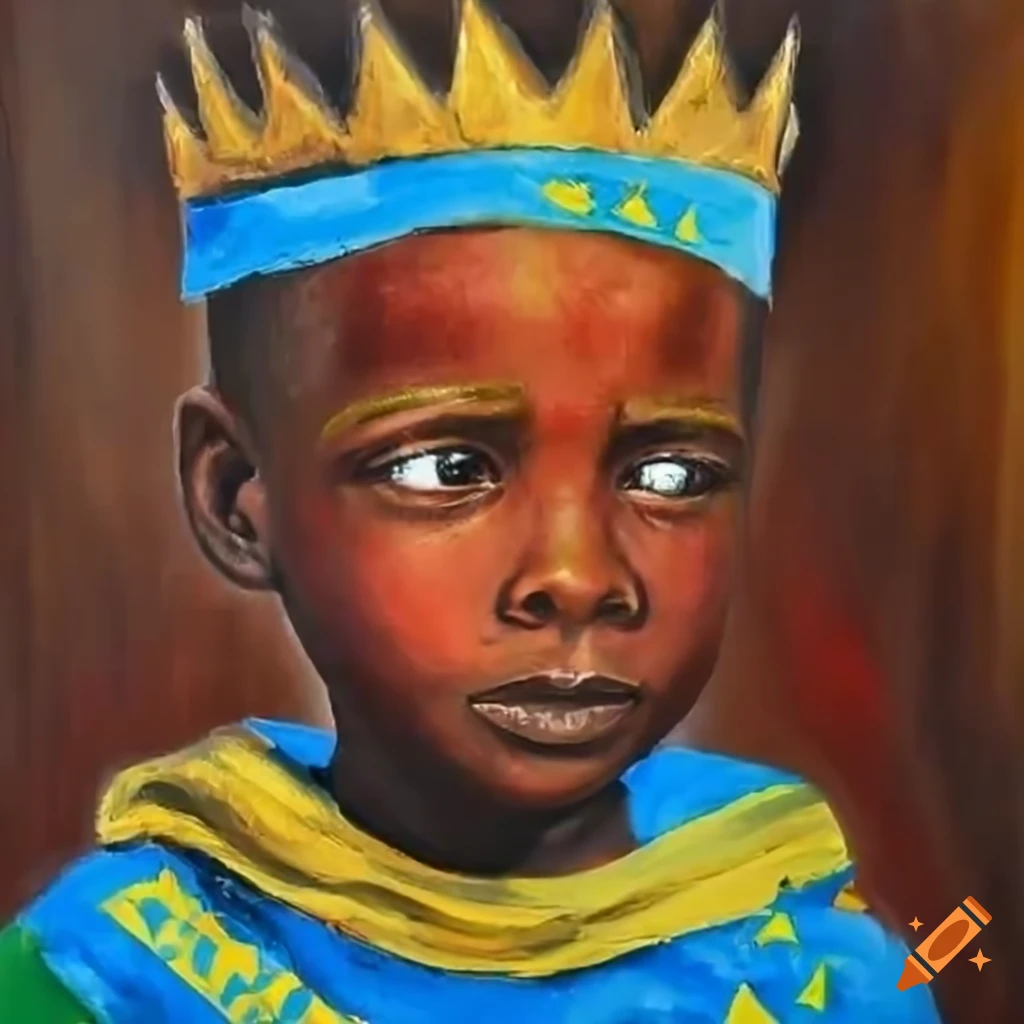 African boy wearing a crown adorned with Rwandan and Democratic Republic of Congo flags