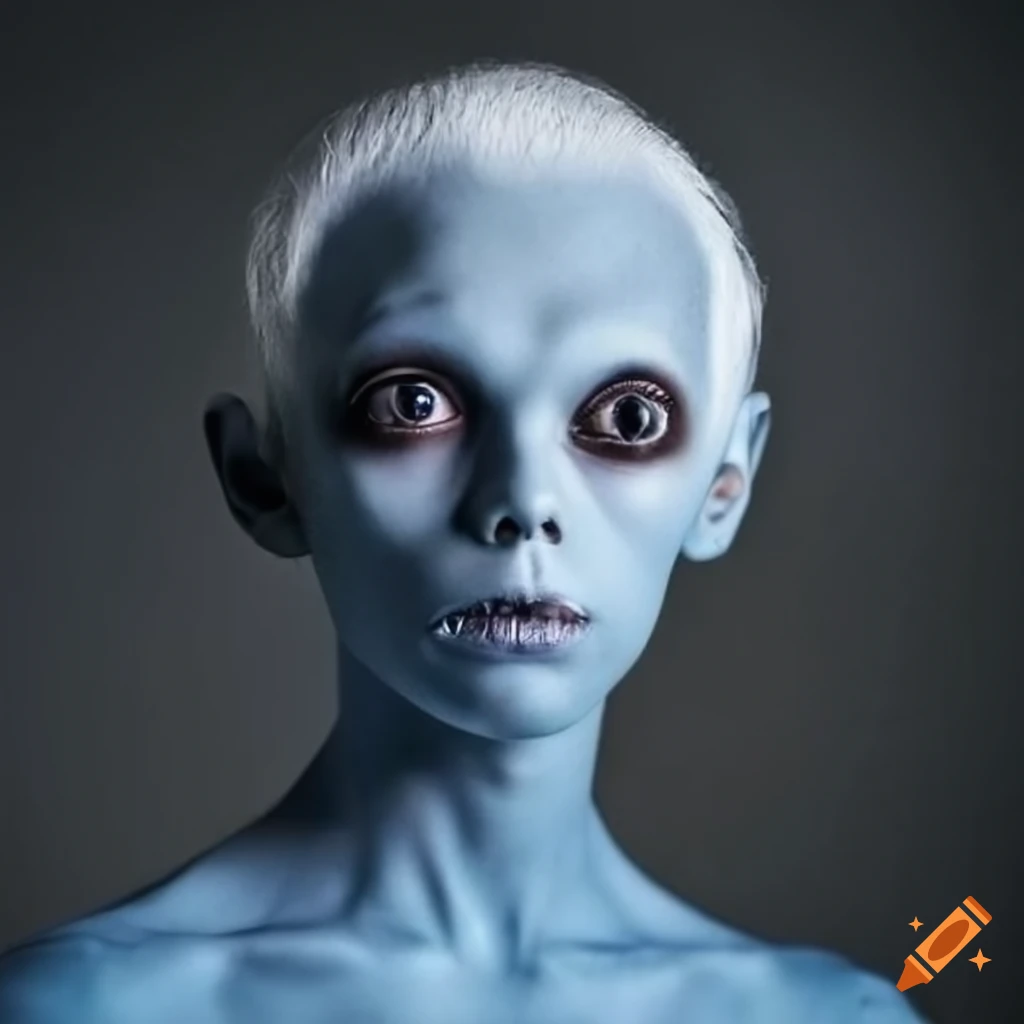 Short Wavy White Haired Humanoid Alien Man With Pointed Ears And Sky