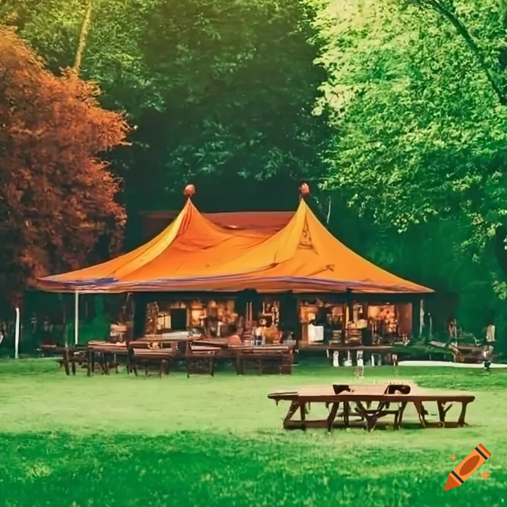 Outdoor bar with wooden exterior in a green park, with people sitting at tables under a large tent