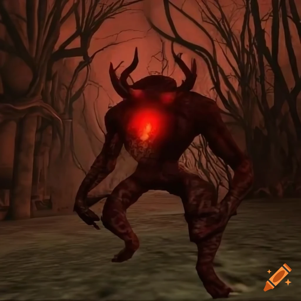 1990s 3D third person shooter game with scary demon creatures in a gloomy open world