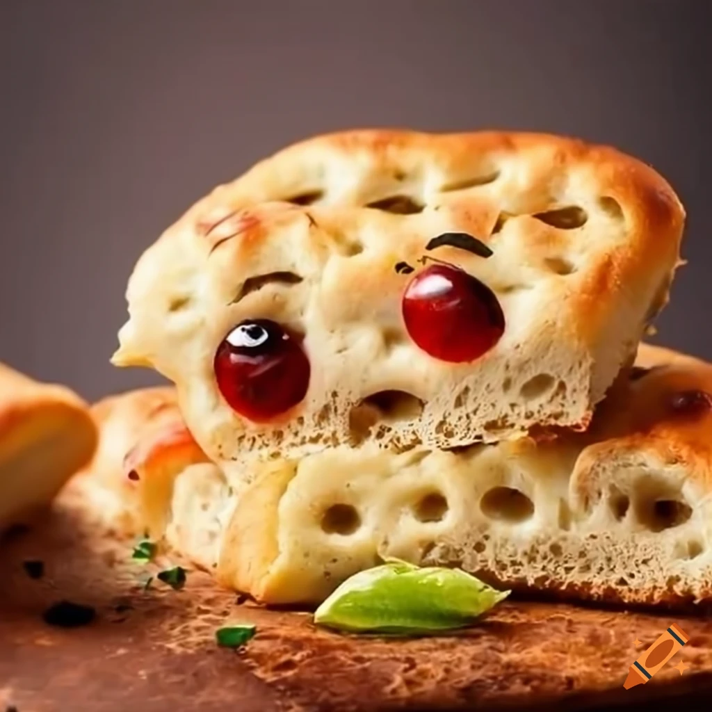 Focaccia with a sad expression falling to the ground