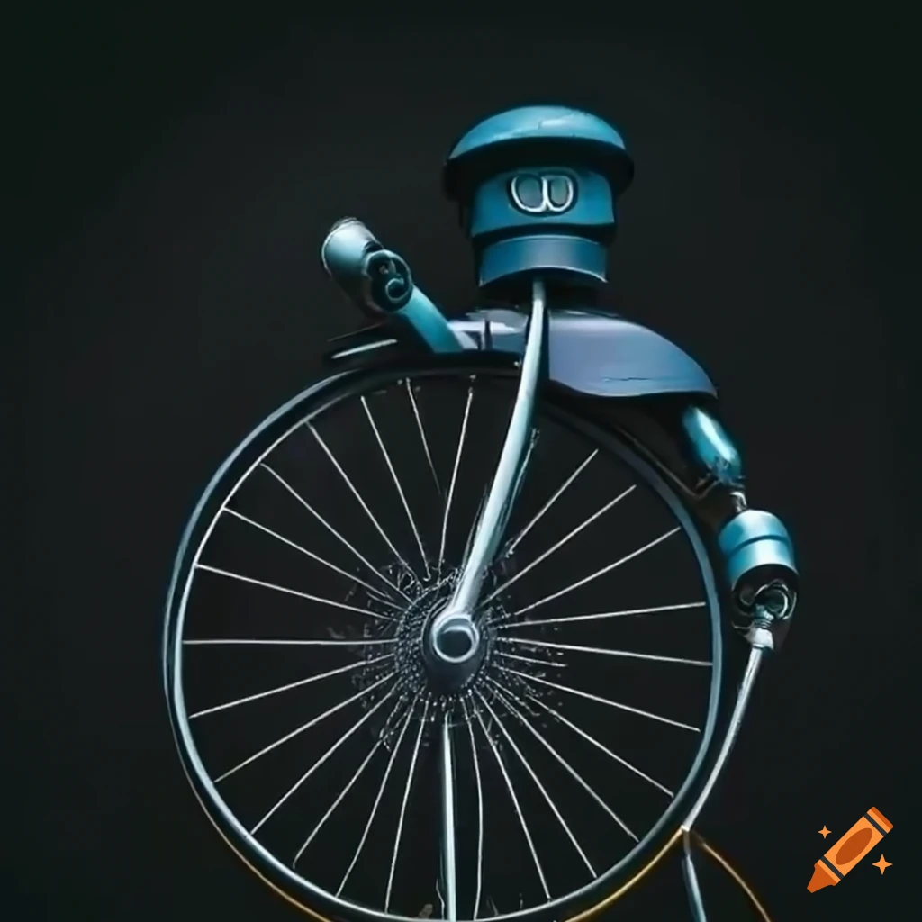 Robots in black bowler hats riding a Penny-farthing in the park