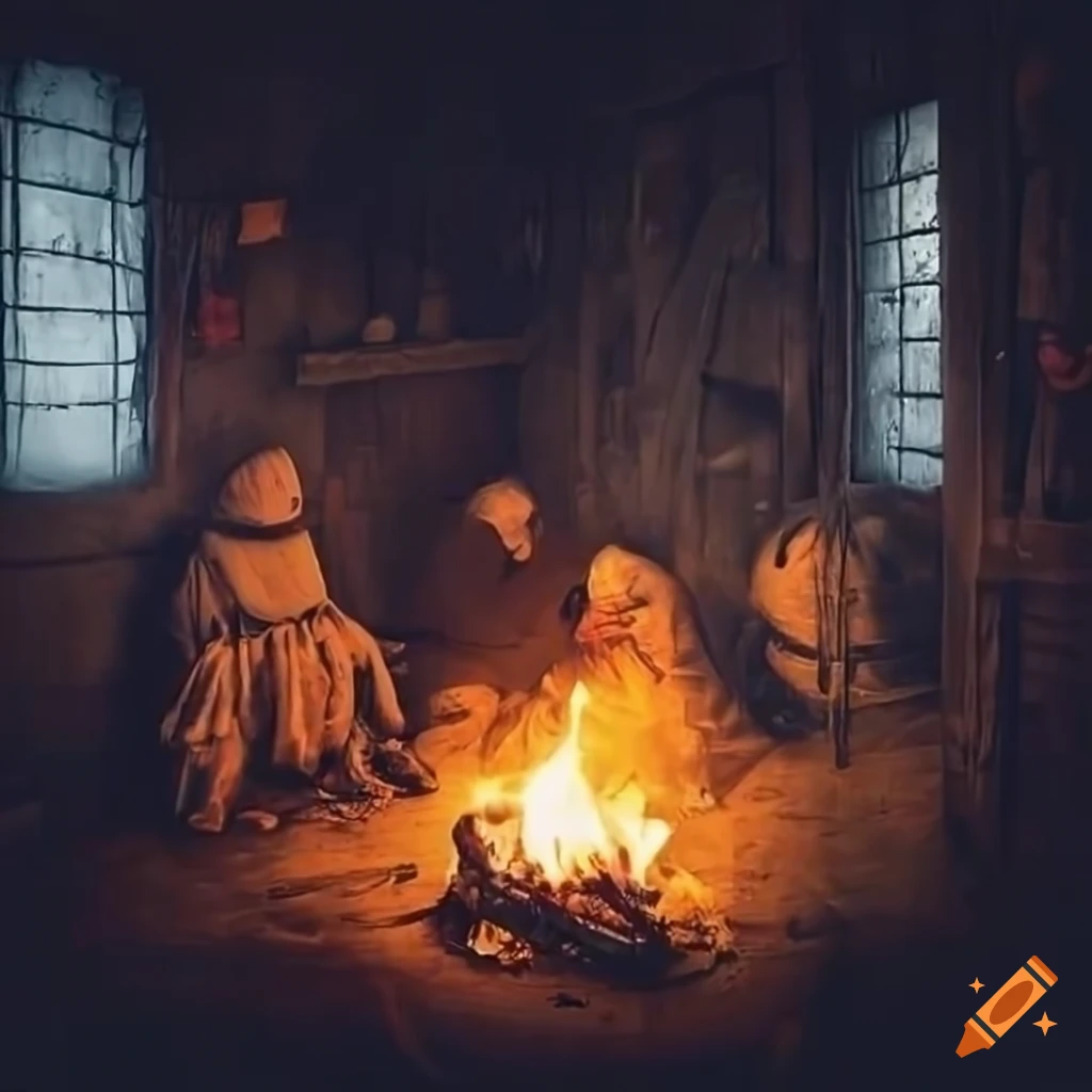 Scene inside a dark rainy medieval Poorhouse with poor people, campfire, and tents