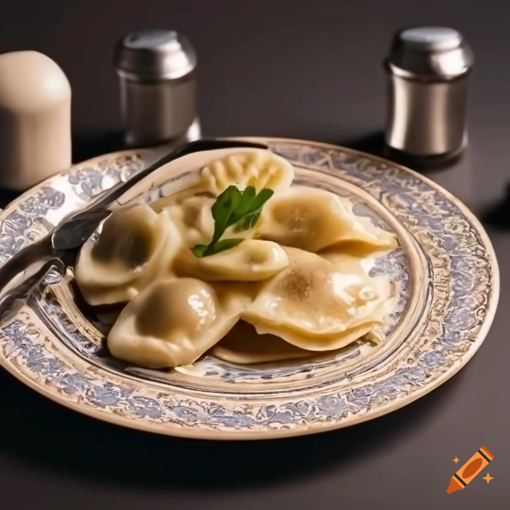 Plate with Pierogi, salt and pepper shakers on a table