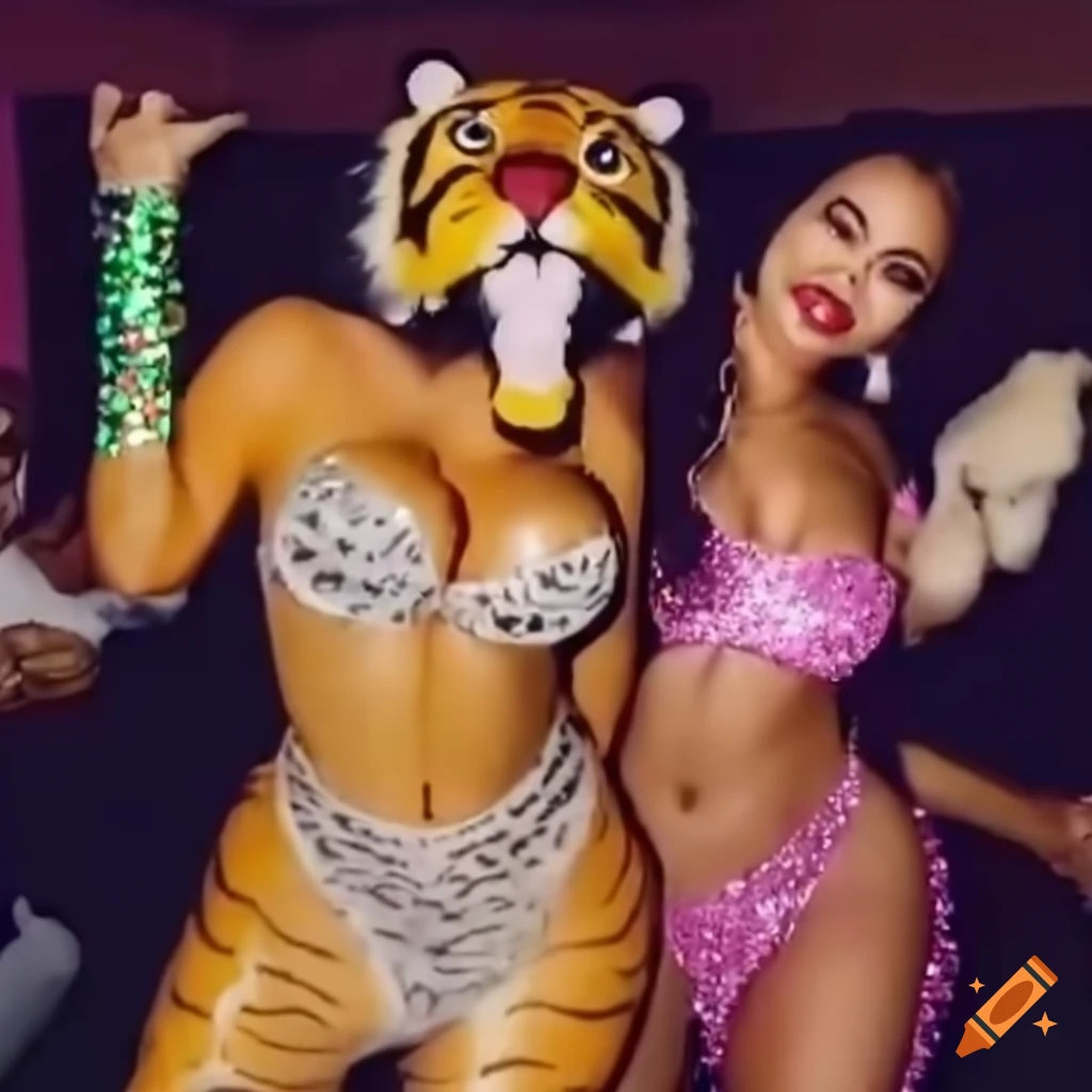 Glitter baddies dancing with a tiger puppet in Mexico