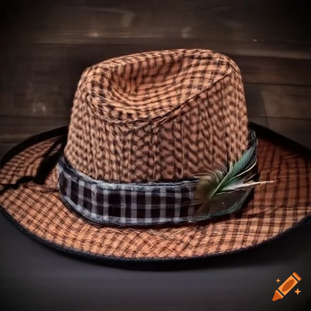 Widerimmed felt hat with feather secured by plaid band on Craiyon