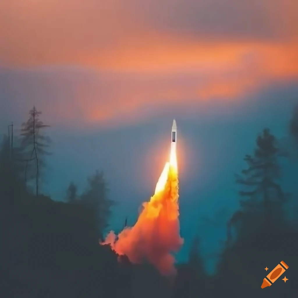 Rocket launch at sunset in the rain as seen from the coast