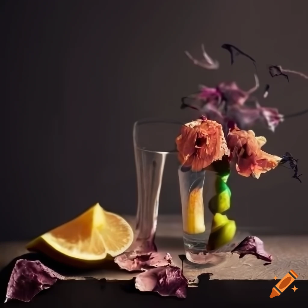 Baroque style decayed flowers, vases, glasses, and cut fruit on dark background