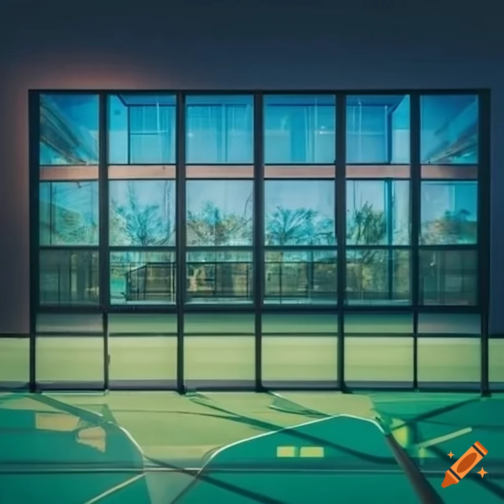 Modern pickleball court facility with windows, glass garage doors, and a living wall