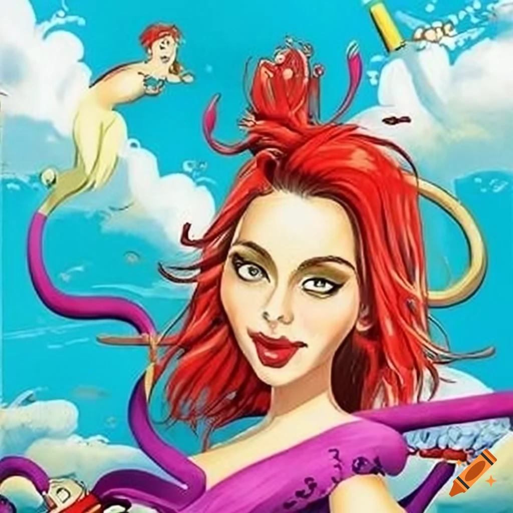 Whimsical illustration of a woman with a cable connected to heaven in a humorous style