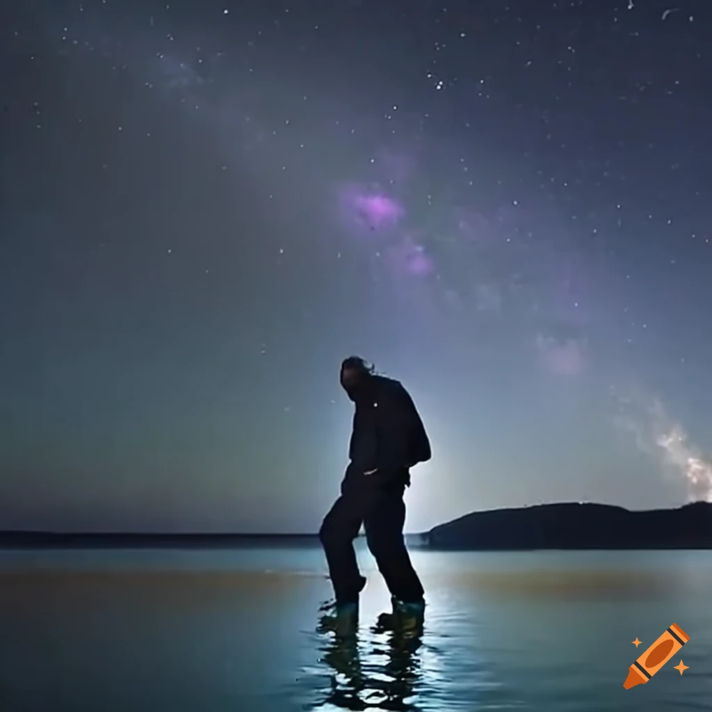 Kanye west gazing at the night sky while walking on water on Craiyon