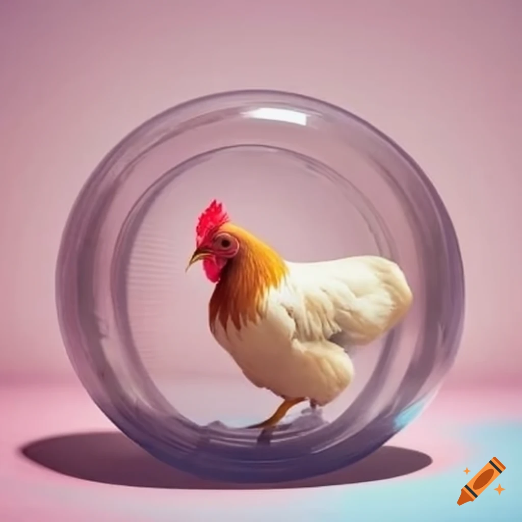 Chicken inside a clear plastic ball on Craiyon