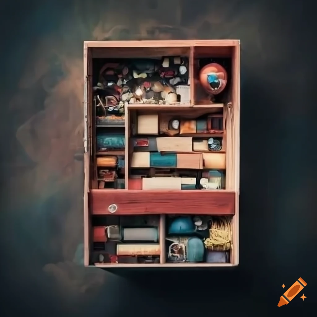 Aerial view of surreal household objects in a junk drawer