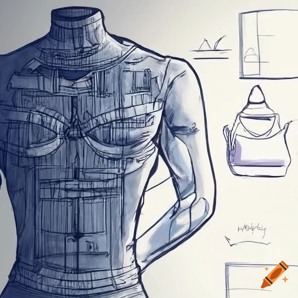 Dessin of clothing blueprint drawn in pencil from a top view