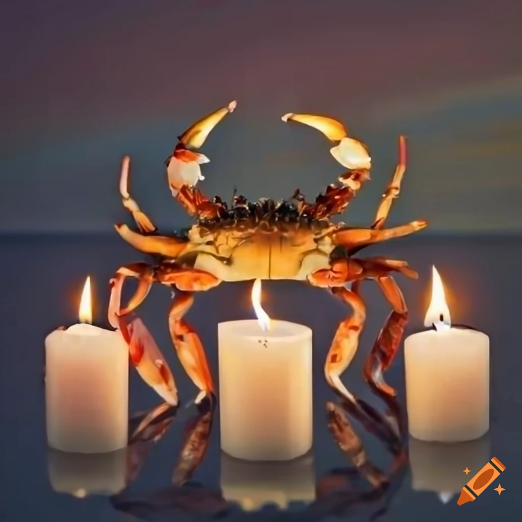 Crab with a crown of candles over a night sea with sunset reflection