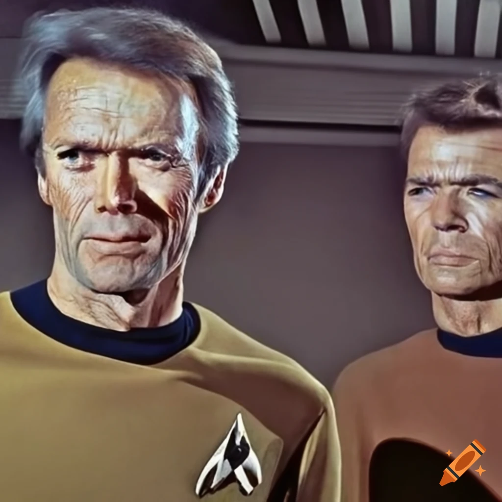 Hyper realistic portrayal of 1960s Clint Eastwood as Captain Kirk on Star Trek's bridge