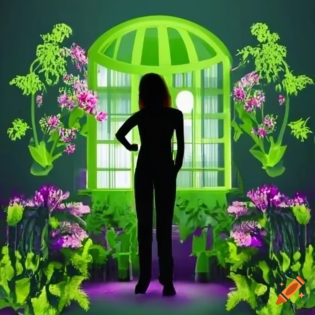 Silhouette of a young woman in a green house