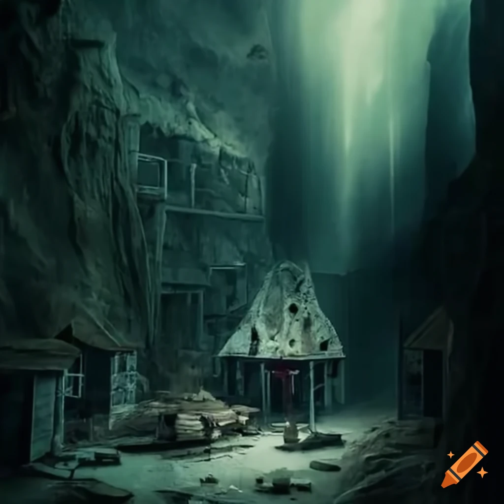 Metal building village in a spooky cave on Craiyon