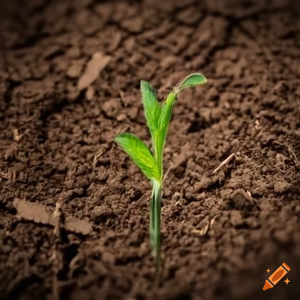 Seed growing in dry soil among weeds