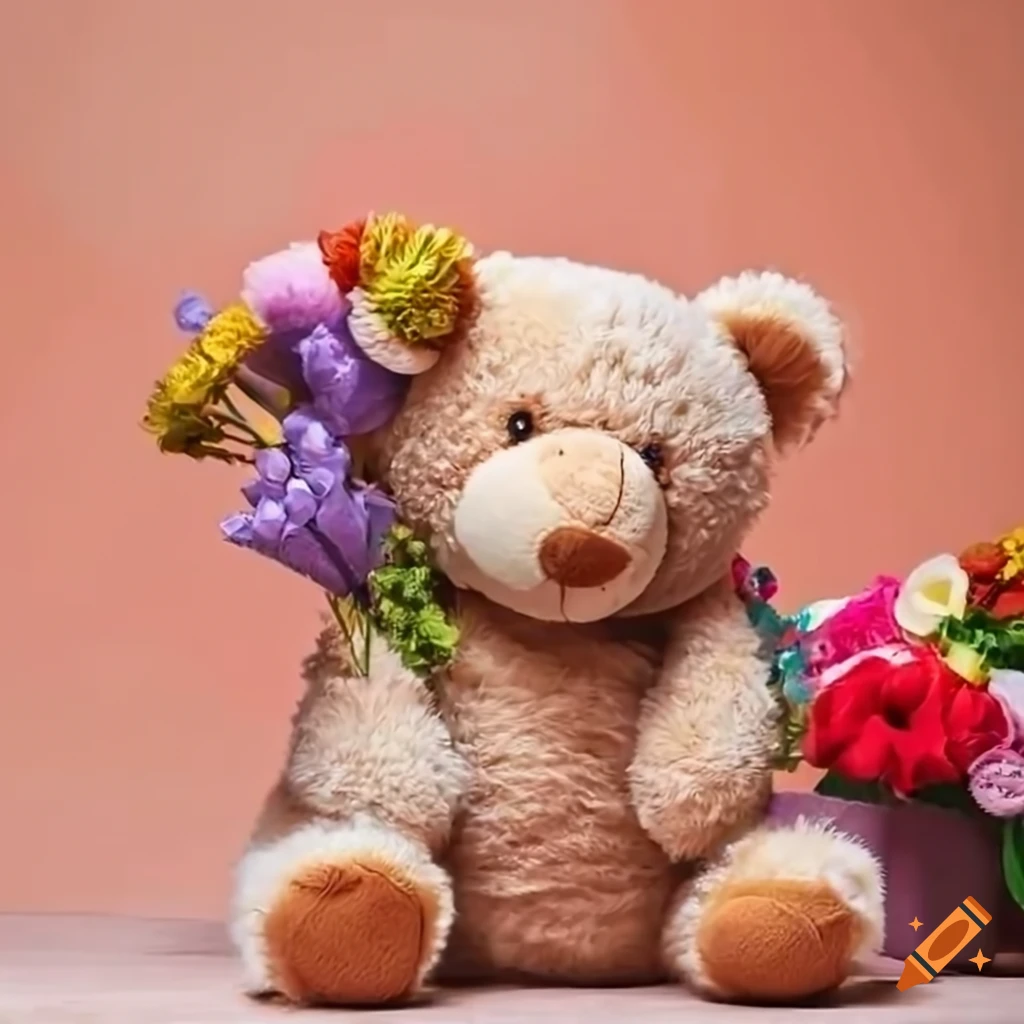 Adorable teddy bear surrounded by colorful bouquets in a cozy living ...