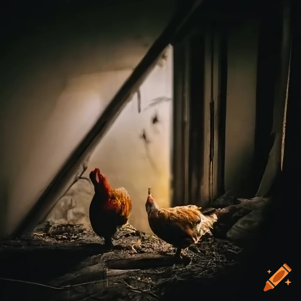 Abandoned chicken coop at night with a glowing-eyed chicken in the doorway