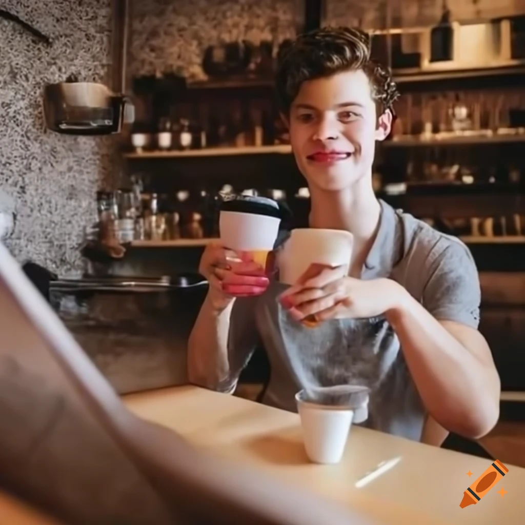 Shawn Mendes as a barista handing a coffee cup with non binary pronoun pin