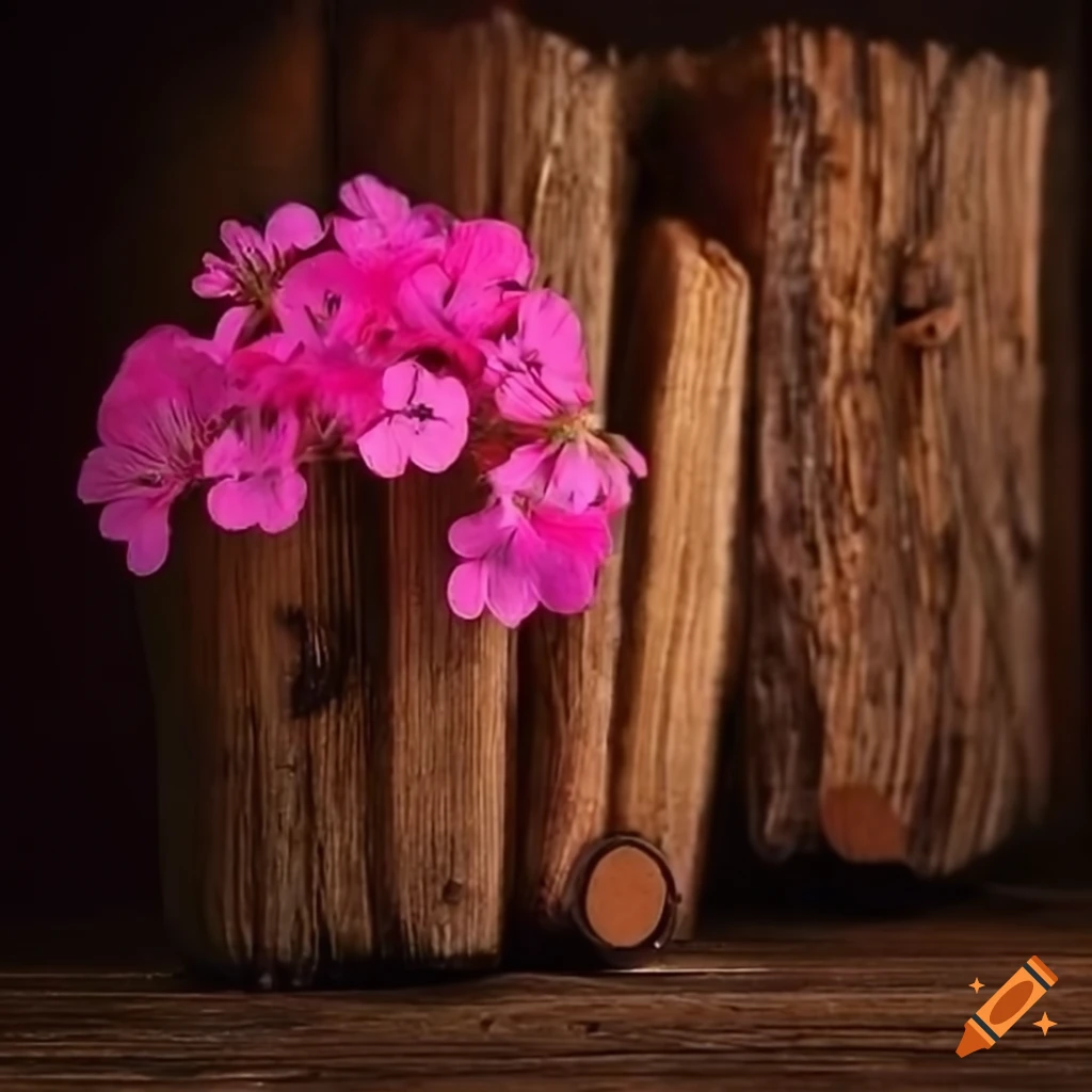 Geranium flowers with sandalwood logs in a wide landscape photo