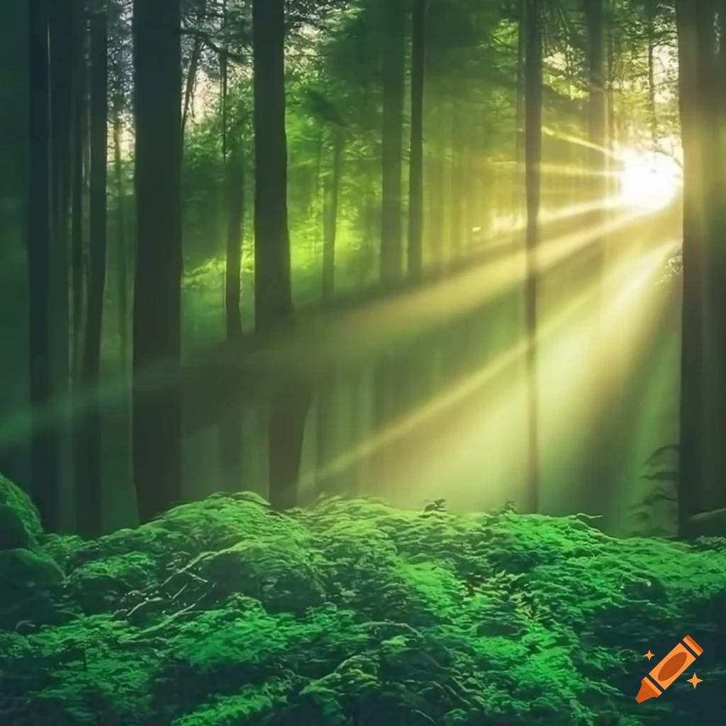 Lush green forest with sunlight filtering through the trees on Craiyon