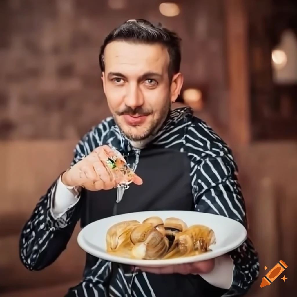 French man with a plate of garlic butter snails in a cozy restaurant