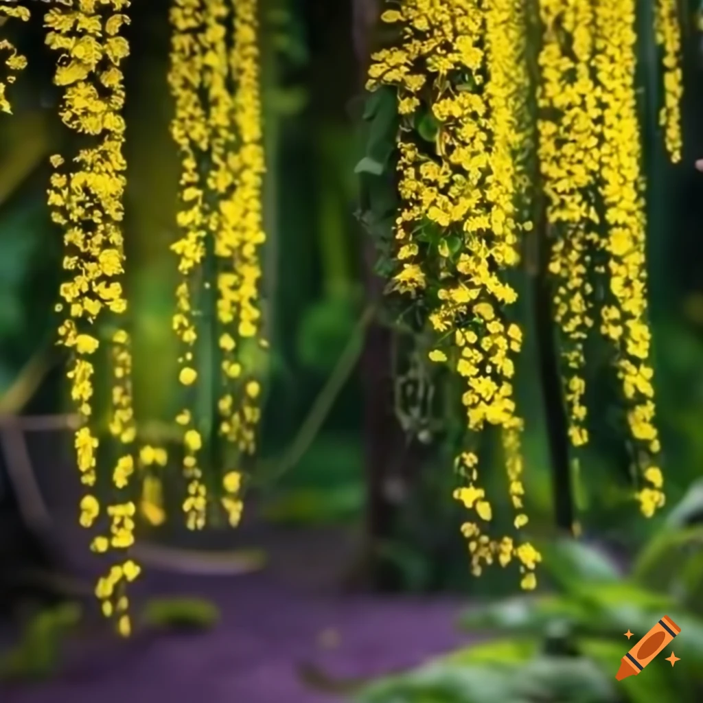 Branch with dense yellow flowers hanging down like a lush waterfall on