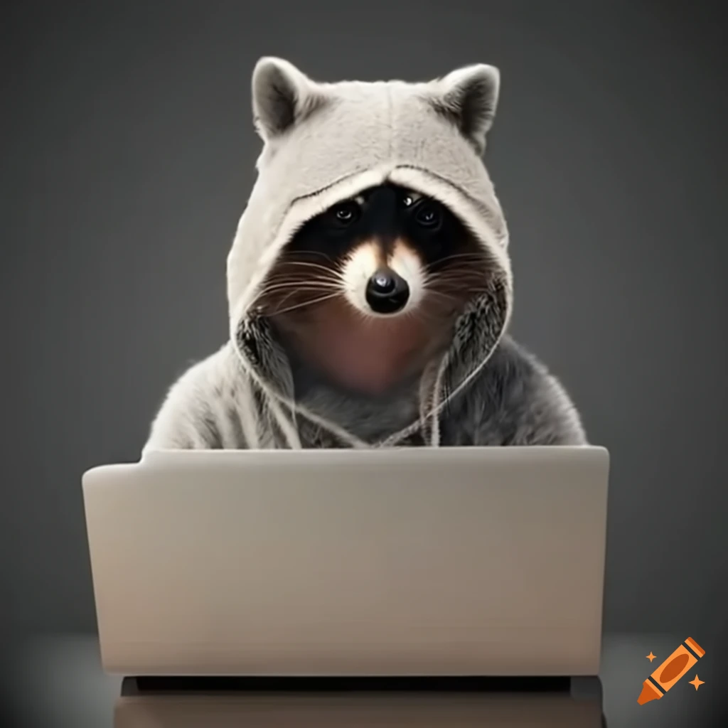 Mischievous raccoon in a hoodie typing at a computer desk