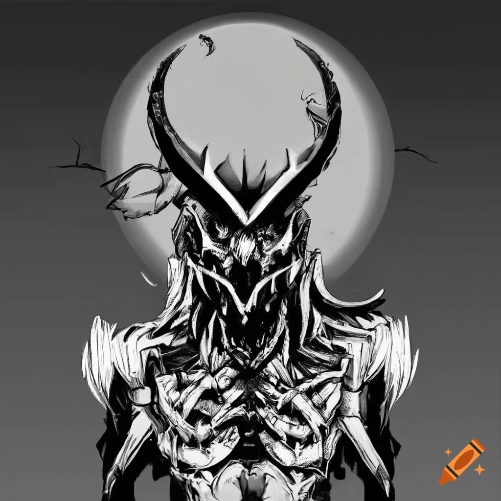 Dark anime style demonic angel with horns inspired by Neon Genesis Evangelion