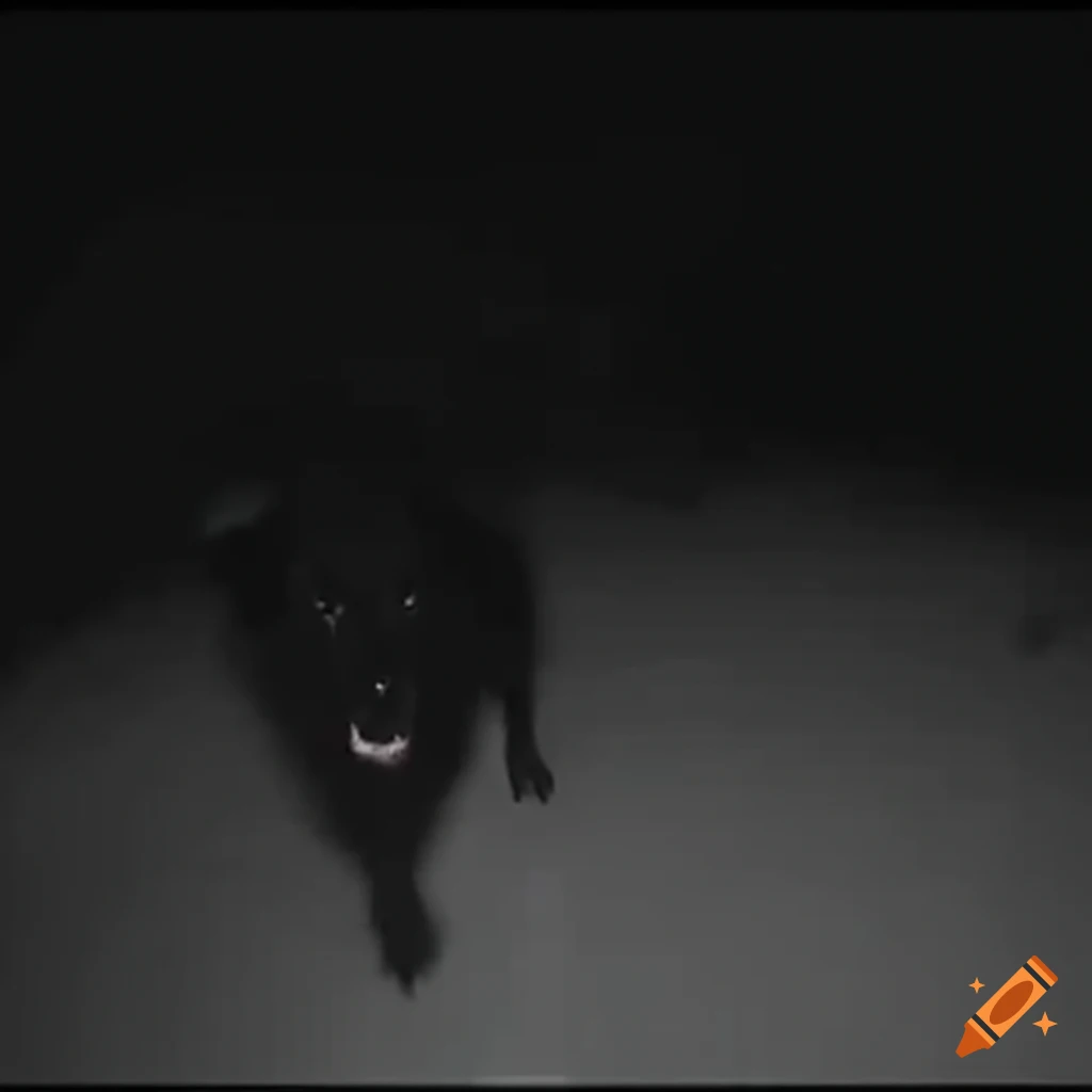 Black dog running in nighttime trailcam footage