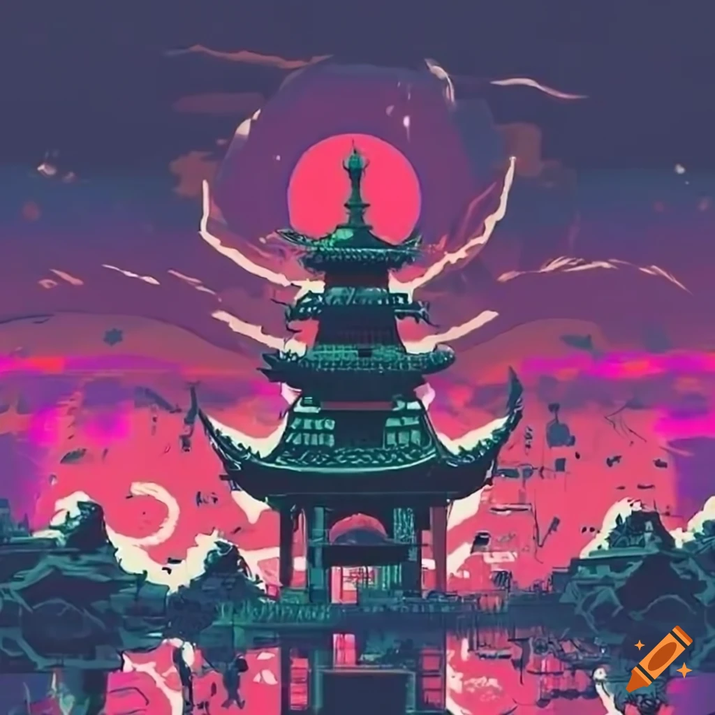 80s anime breakcore traditional chinese style tower surrounded by ...