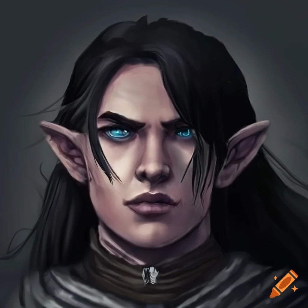 Valen, a formidable male eladrin elf barbarian with black hair and ...