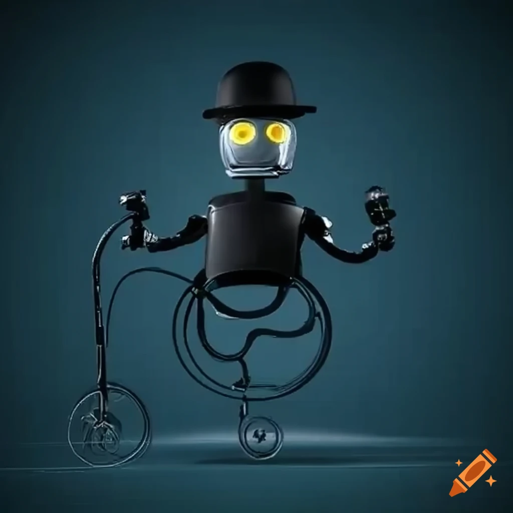 Robots in black bowler hats riding a Penny-farthing in the park