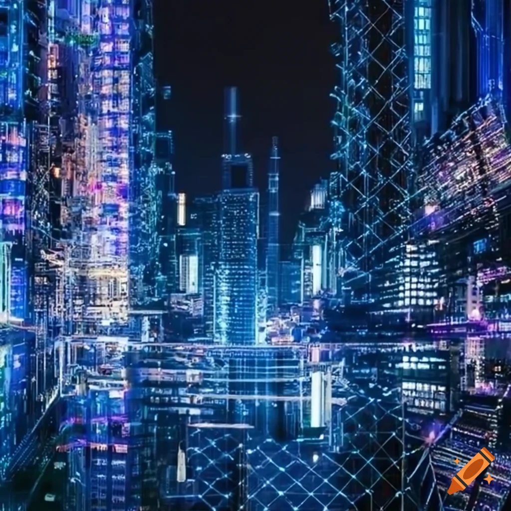 Futuristic cityscape with towering chemical structures and pathways on ...