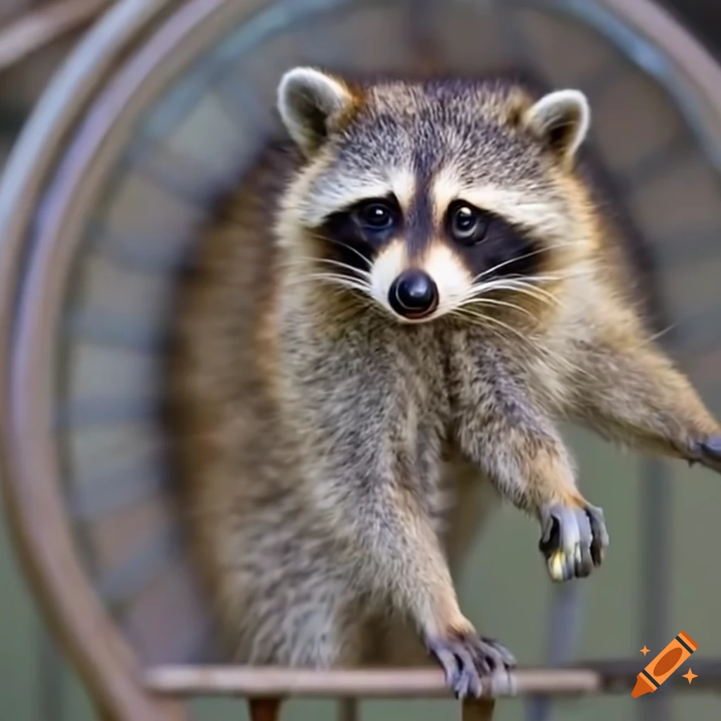 Raccoon running with a chicken in a hamster wheel