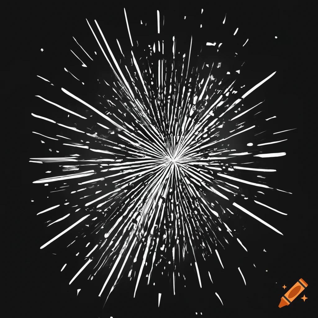 Abstract black and white line drawing of light beams and particles on