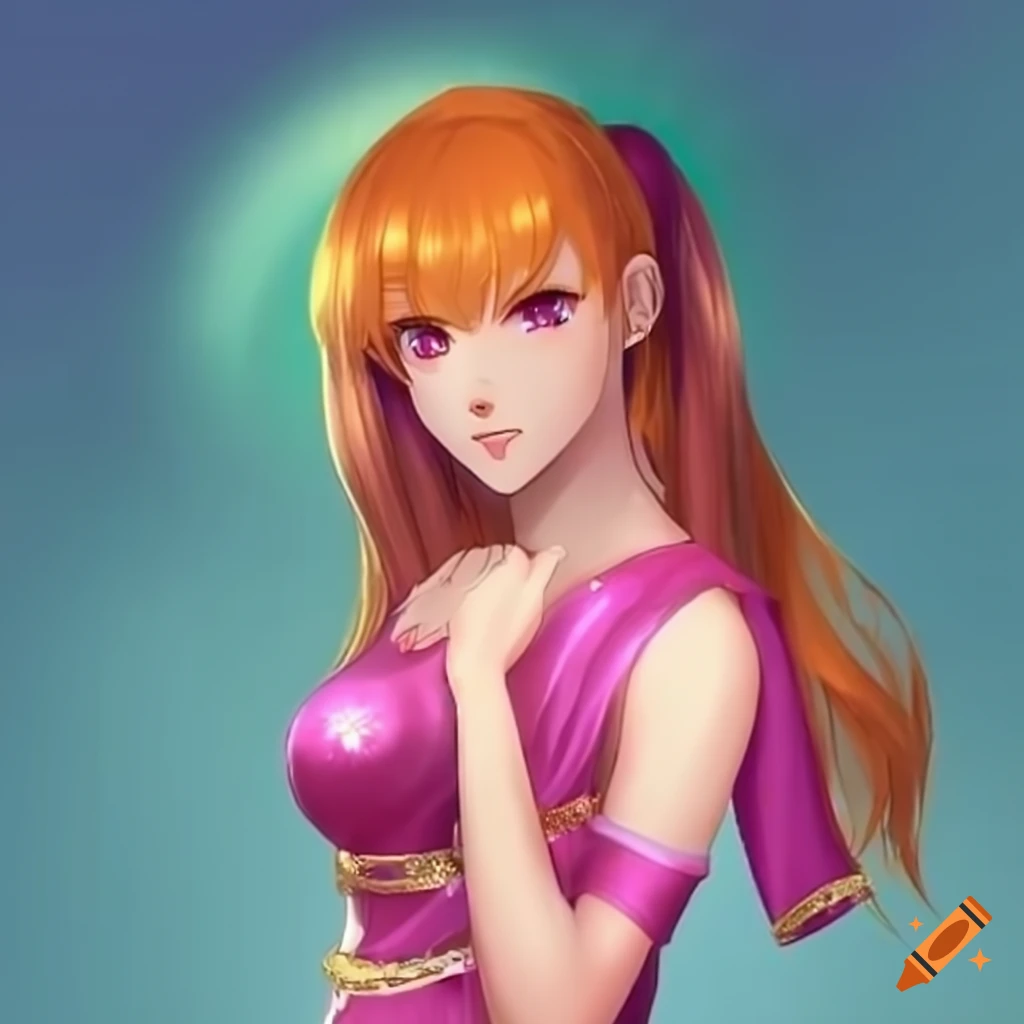 Arina, Goddess of power, with pink eyes and red and light orange hair in an athletic pink robe with gold rings