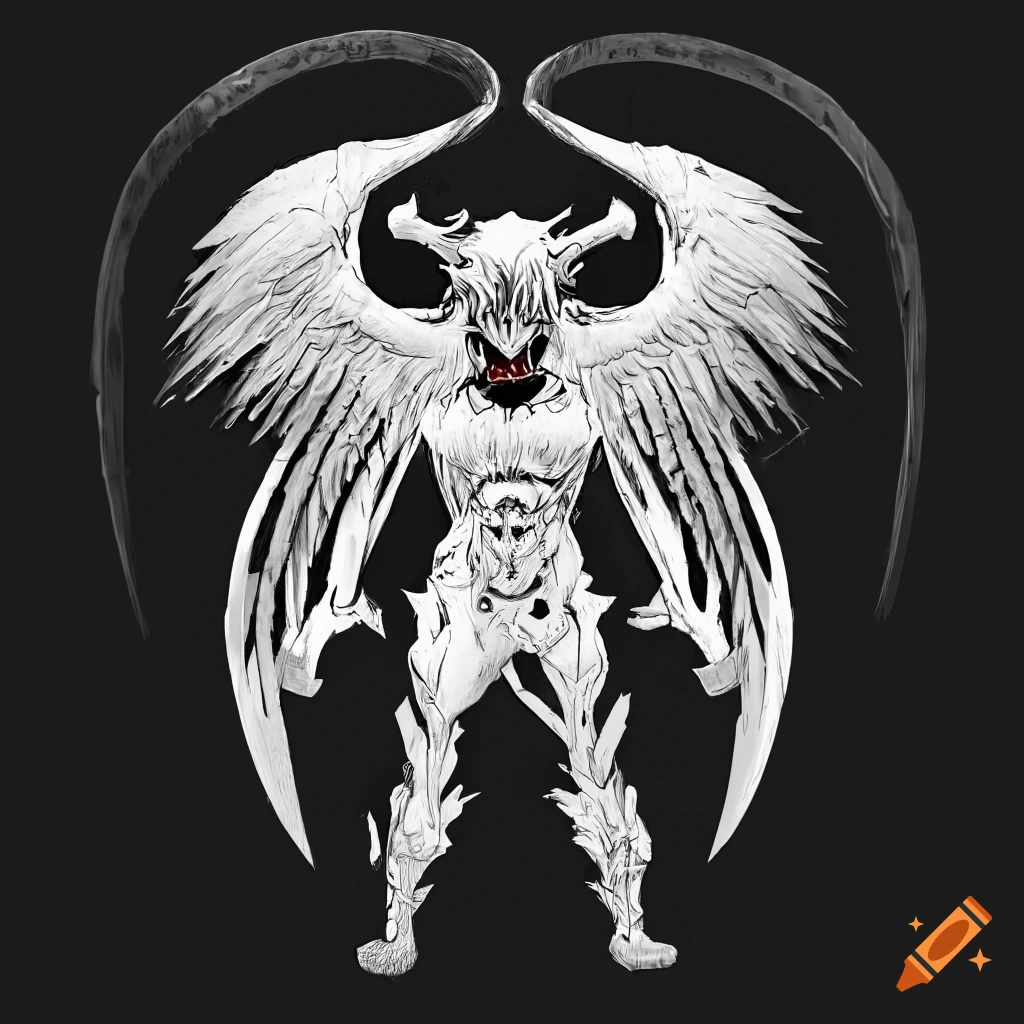 Dark anime style demonic angel with horns inspired by Neon Genesis Evangelion