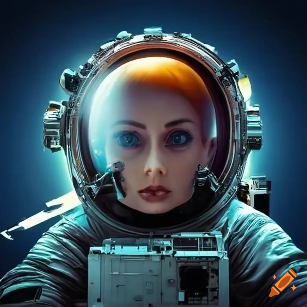 Female astronaut in spacecraft cockpit surrounded by machines in dali Female astronaut in spacecraft cockpit surrounded by machines in dali