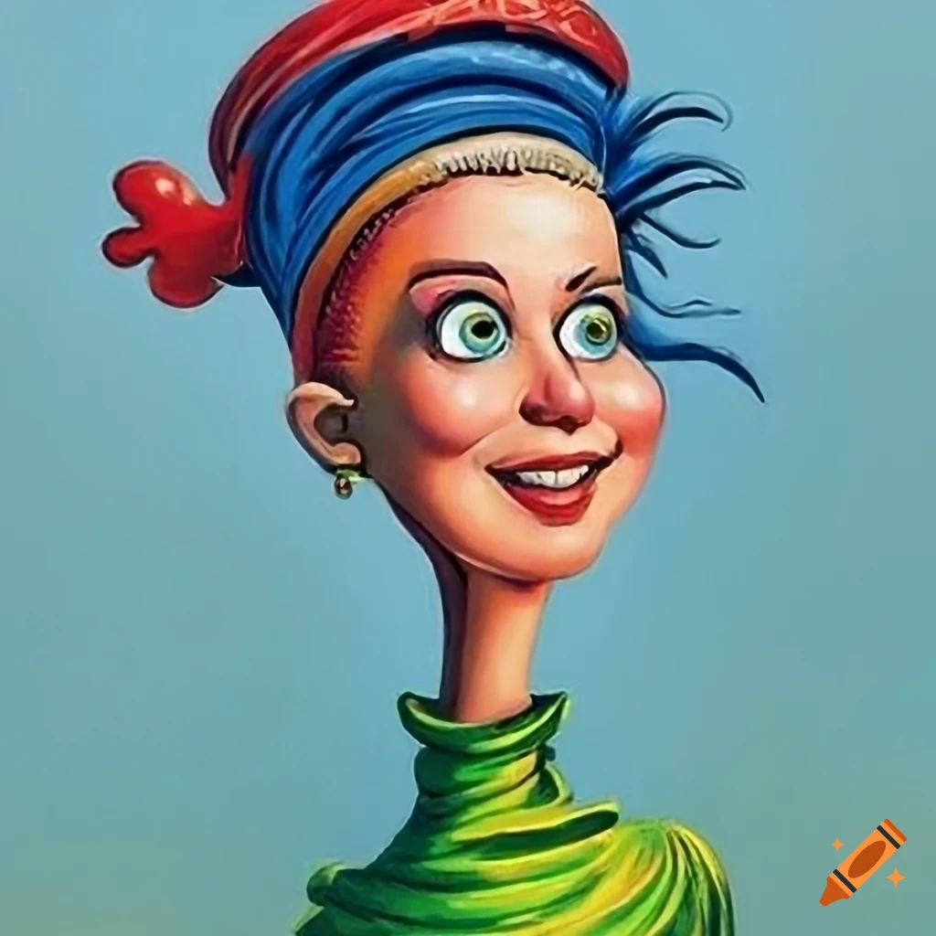 Humorous book illustration of a woman with a medical device, in a whimsical style